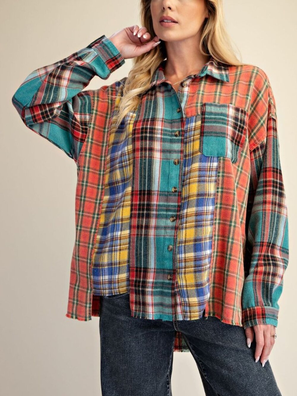326 | Teal Rust Plaid Block Button Down Flannel Top
